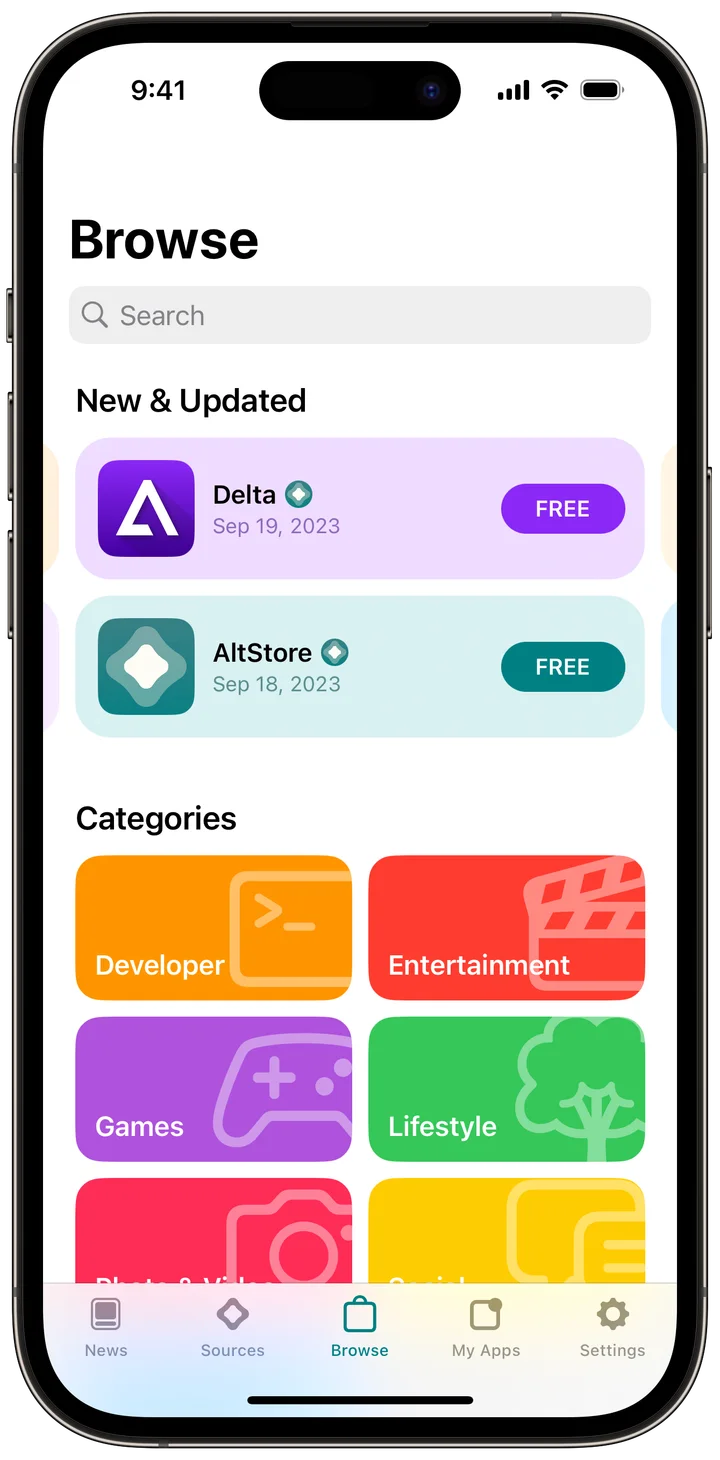 AltStore running on an iPhone, showing the Browse tab with installable apps